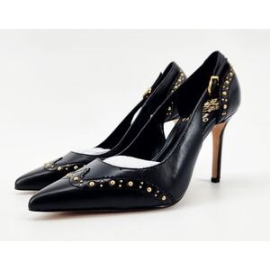 Vince Camuto Black Leather Studded Pointed Toe Heels Pumps Women's Size 6M 36.5